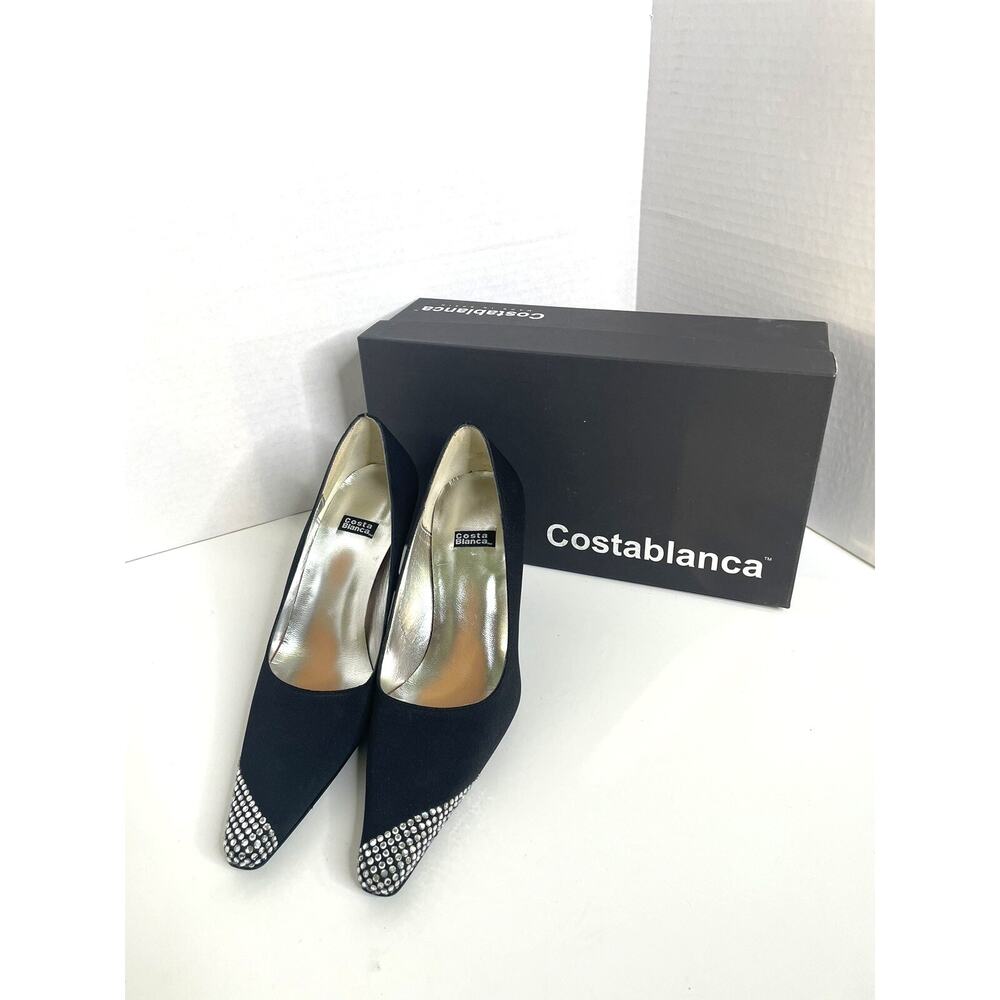 Costablanca Black Satin Stiletto Evening Pump Crystal Rhinestones Women Sz 6 Med